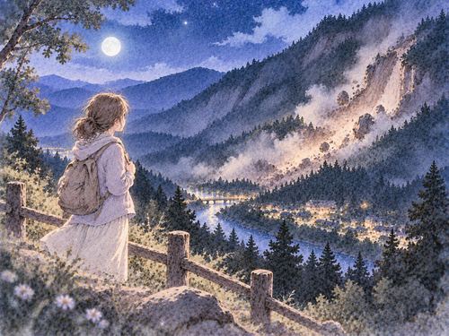 遠くの山の土砂崩れを静かに見つめる人物