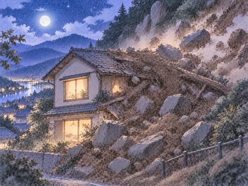 土砂に一部を覆われた家と残る窓明かり