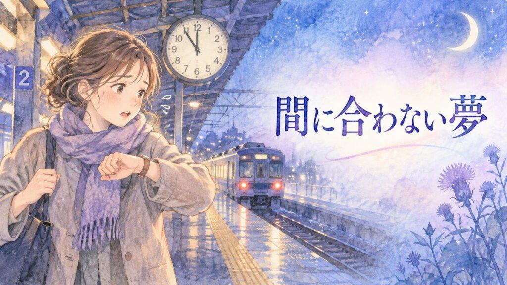 時計を見て焦る大人の女性と遠ざかる電車