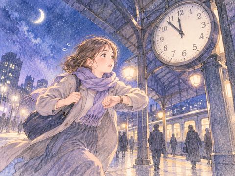 時計を見ながら夜道を急ぐ女性