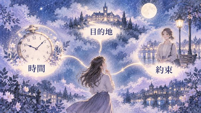 時計、待っている人物、遠い目的地を三方向に見比べる夢の図