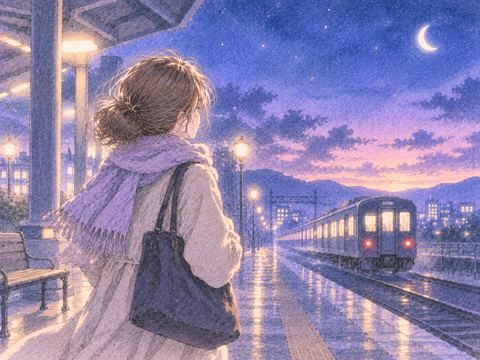 遠ざかる乗り物を静かに見送る女性