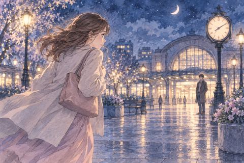 夜の待ち合わせ場所へ急ぐ女性と遠くで待つ相手