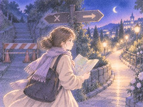 地図を見て別の道へ進む女性