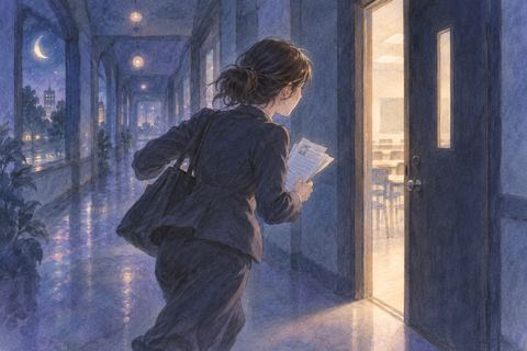 試験会場の閉まりかけた扉へ急ぐ人物