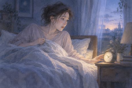 ベッドから飛び起きて時計を見て焦る人物