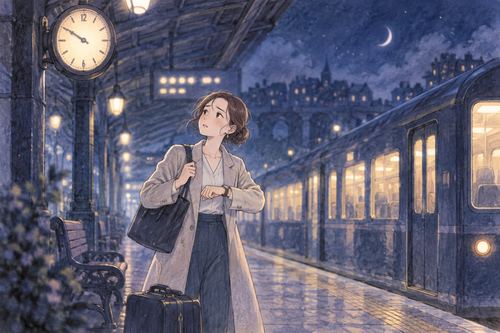 止まった電車を前に時計を見て焦る人物