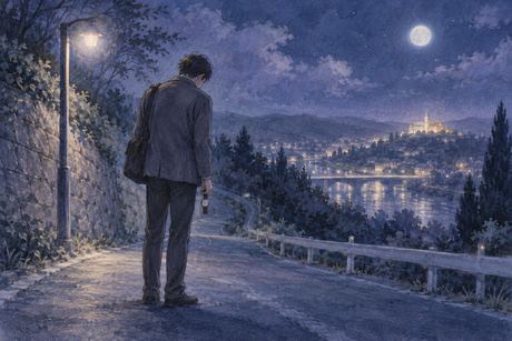 急いでいた途中で立ち止まり肩を落とす人物