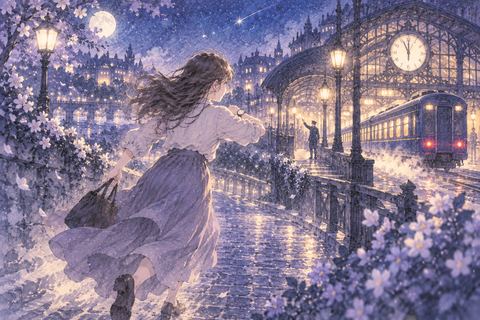 夜の駅へ走りながら時計を確認して焦る人物
