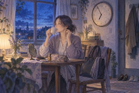 時計を横目に見ながらゆっくり朝の支度を続ける人物