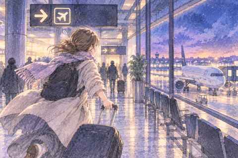 搭乗口へ急ぐ女性と窓の外の飛行機