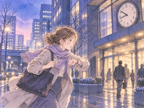 時計を気にしながら職場へ急ぐ女性
