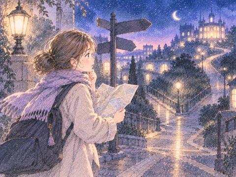 分かれ道で目的地を探す女性