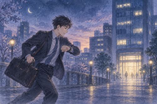 夜明け前のオフィスビルへ急ぎながら時計を見る会社員