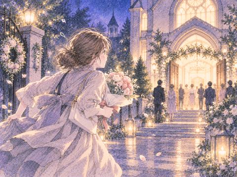 結婚式場へ花束を持って急ぐ女性