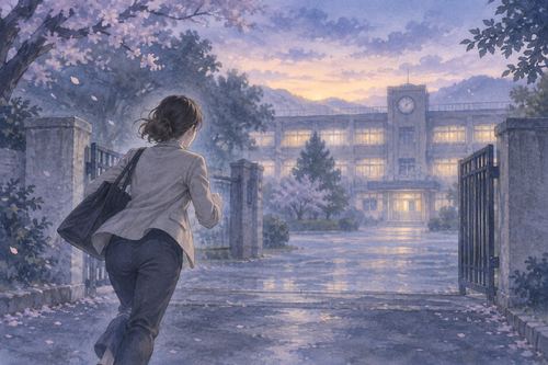 大人の人物が昔の学校の校門へ急ぐ夢の場面