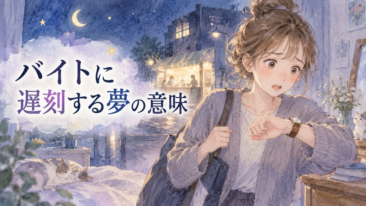 夜の部屋で時計を見て焦る大人の女性とバイト先の灯り