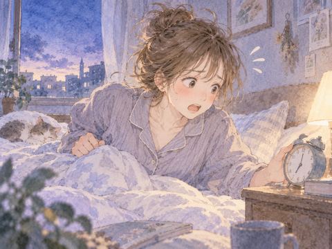 ベッドから飛び起きて時計を見る女性