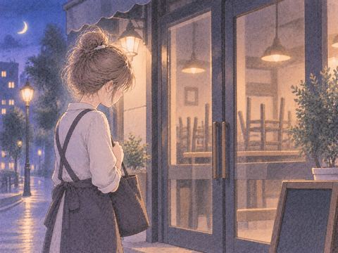 閉じたバイト先の前で立ち止まる女性
