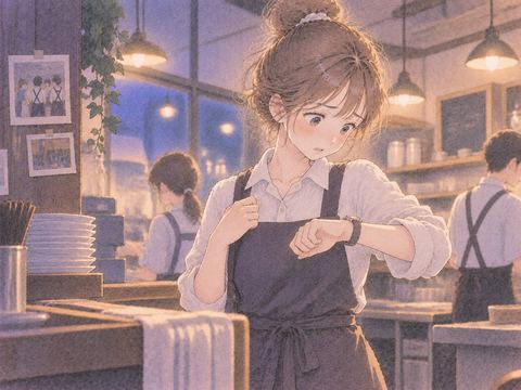 昔のバイト先で再び働く女性と時計