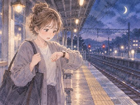 夜の駅で来ない電車を待つ女性