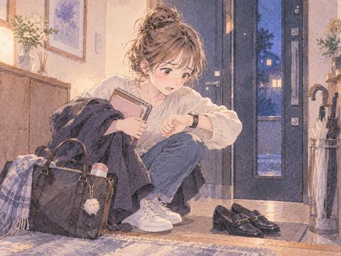持ち物を前に支度が終わらず焦る女性