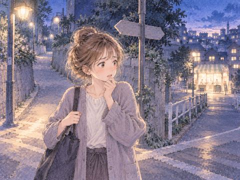 夜道の分かれ道で行き先に迷う女性