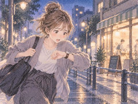 時計を見ながら焦って歩く女性