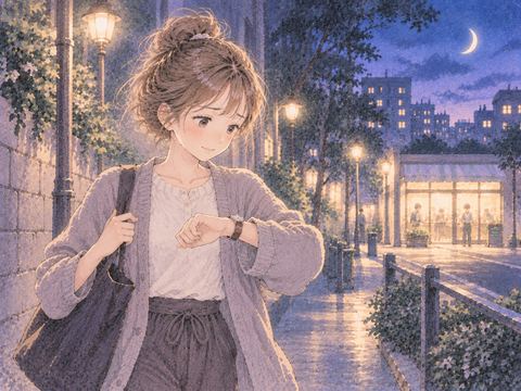 時計を見ても穏やかな表情で歩く女性