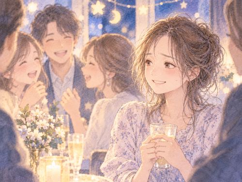 周囲に合わせてぎこちなく笑う女性