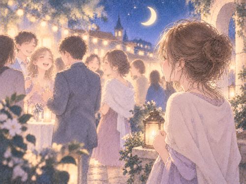 知らない人たちの笑顔を見る女性