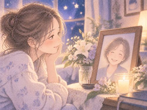 穏やかに微笑む人物の遺影と淡い花