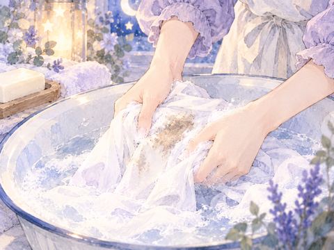 染みのついた衣類を丁寧に洗う手元