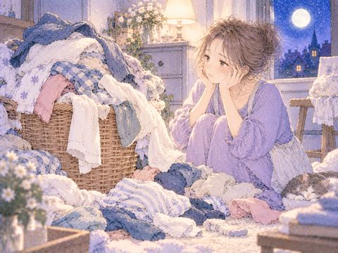 洗濯かごから大量の衣類があふれる場面