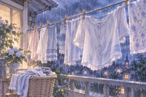 雨に濡れている物干しの洗濯物
