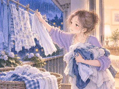 雨に濡れた洗濯物を急いで取り込む女性