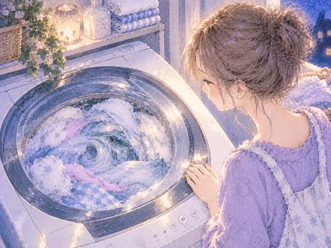 衣類が回っている洗濯機を見つめる場面