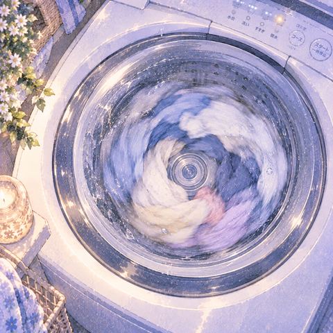 脱水中の洗濯機と回転する衣類