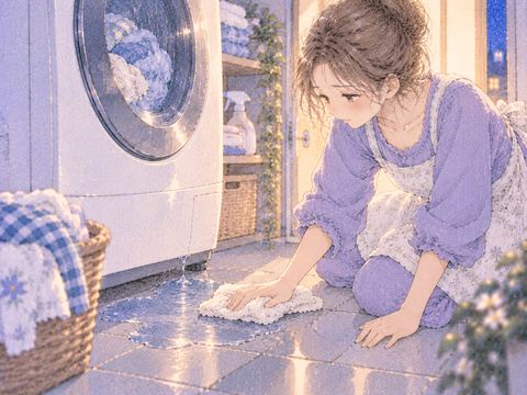 洗濯機の足元から少量の水が漏れる場面