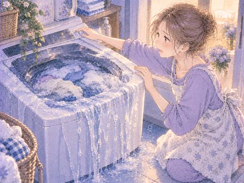 洗濯機から水があふれ女性が止めようとする場面
