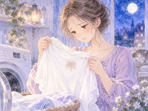 洗っても染みが残っている衣類と手元