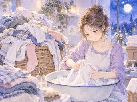 山積みの洗濯物を一枚ずつ洗う場面