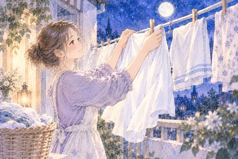洗った衣類を物干しへ丁寧に干す場面