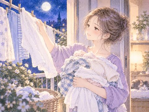 乾いた洗濯物を腕に取り込む女性