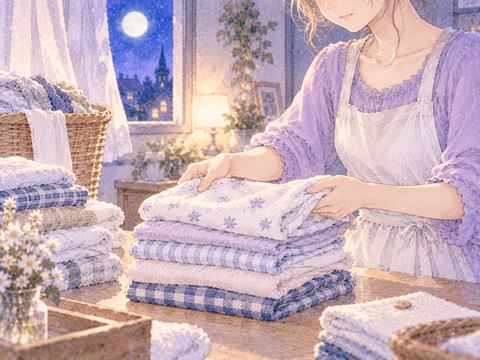 洗濯物をきれいにたたんで重ねる手元