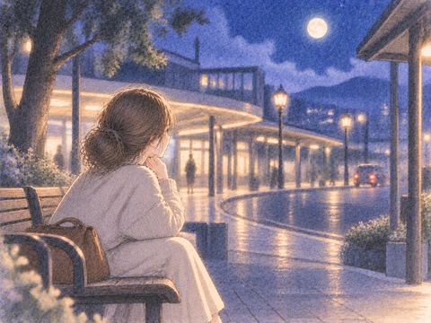 夜のベンチで静かに待つ女性