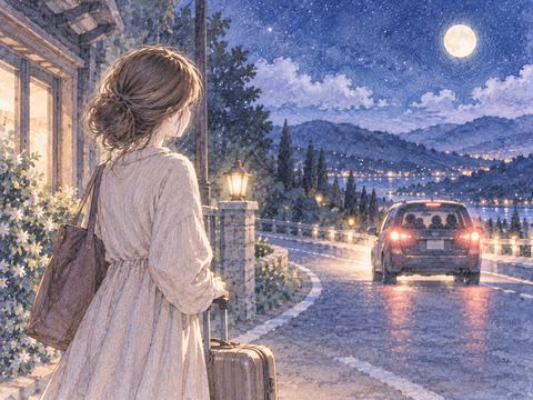 走り去る家族の車を見送る女性