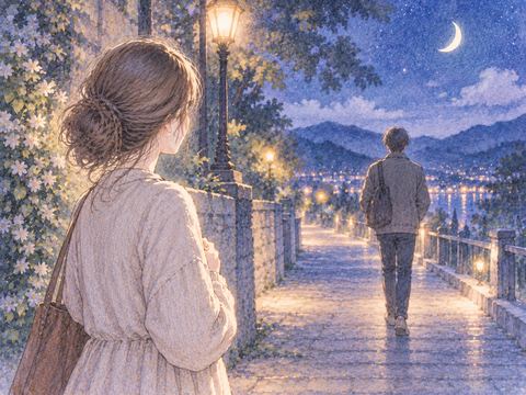 先へ歩く恋人を見つめる女性