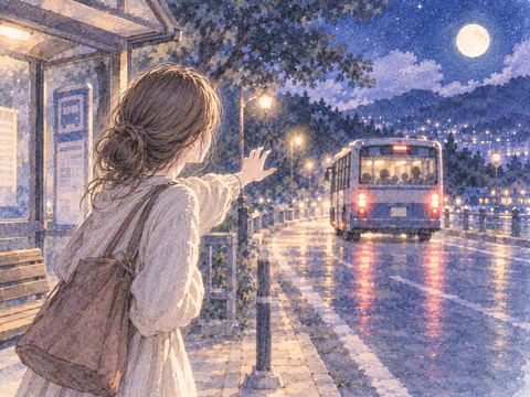 出発するバスを見送る女性