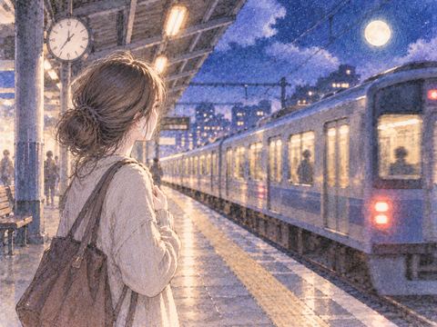 発車する電車をホームから見る女性